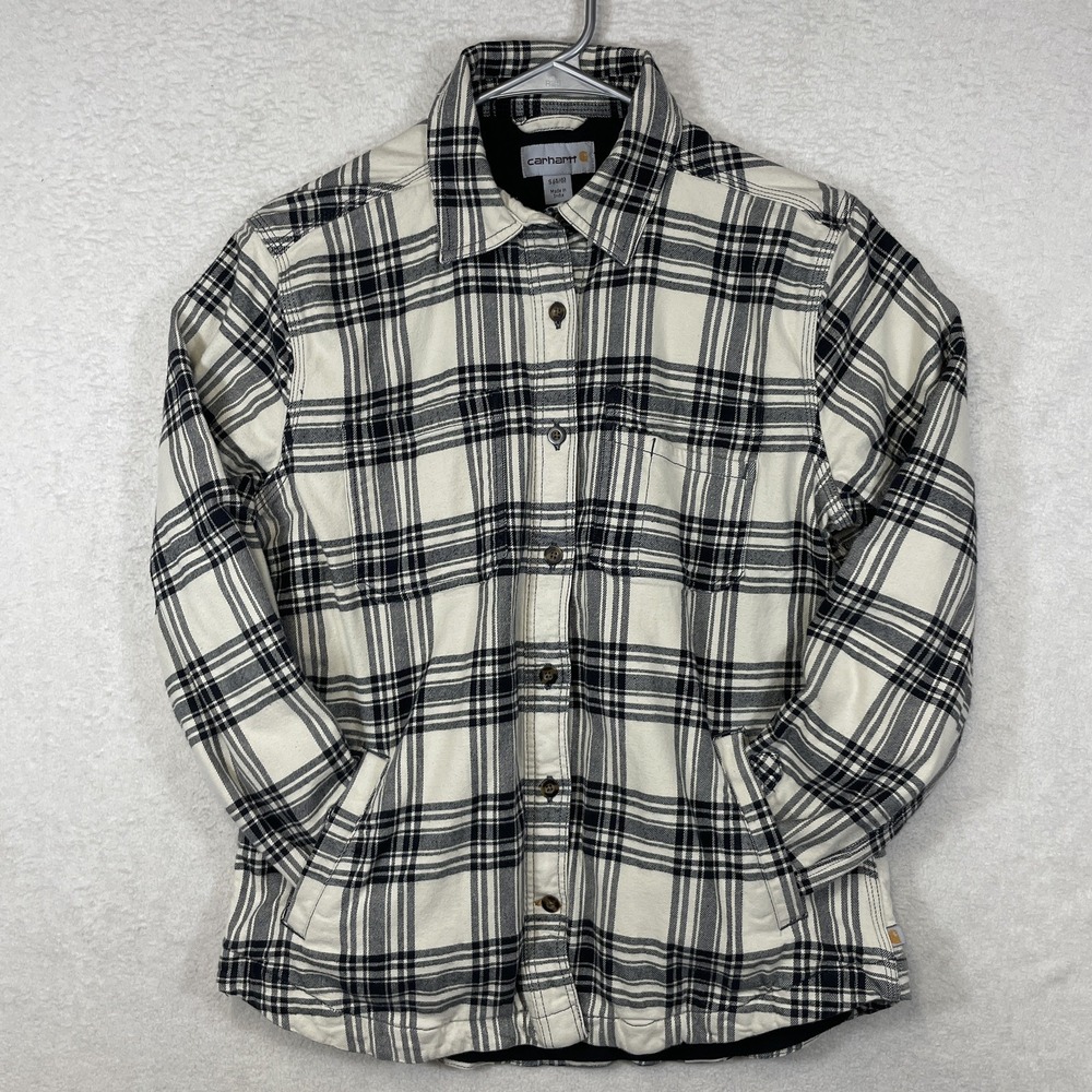 Carhartt Women's S Rugged Flannel Fleece Lined Plaid Shirt Shacket Pockets